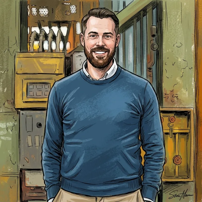 Illustrated portrait of Ghislain, smiling, in a navy sweater over a white collar, standing in an industrial hall.